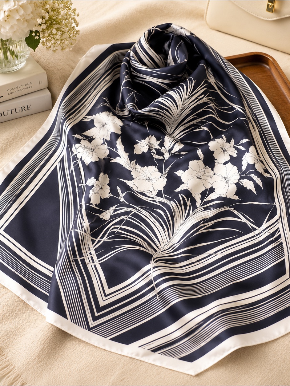 Leonard Paris Vintage Silk Floral Scarf Navy Blue White Floral Leonard Paris Vintage Silk Floral Scarf Navy Blue White Floral
